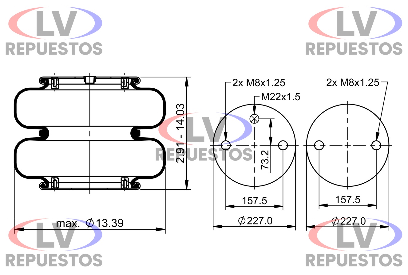 PULMON ALZA EJE 2 CUERPOS BASE 227MM CARRETA GUERRA CONTINENTAL