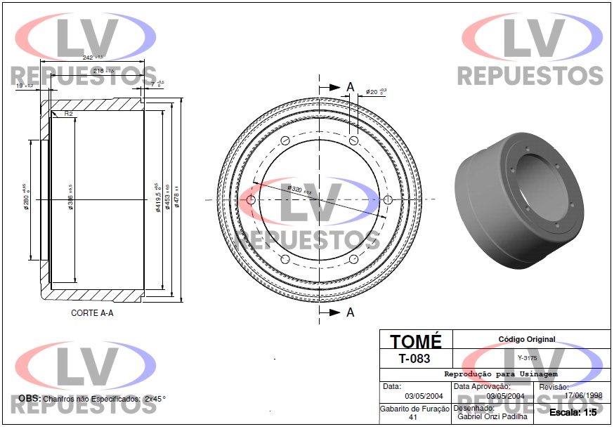 TAMBOR FRENO 28X42CM 8 PULG. 6 AGUJ. SCHIFFER TOME