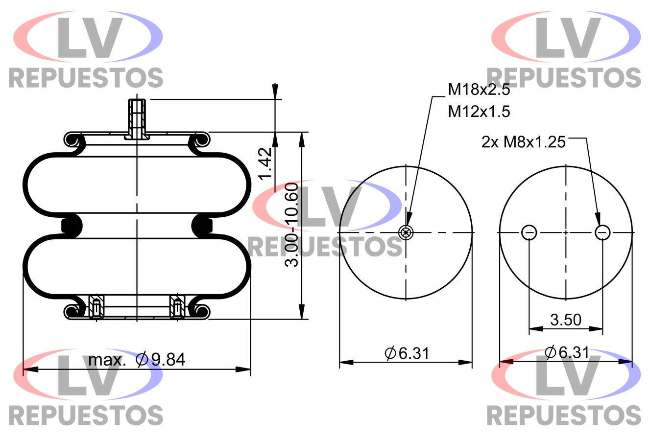 PULMON ALZA EJE 2 CUERPOS BASE 160MM PRISIONERO CENTRAL RANDON/GUERRA CONTINENTAL